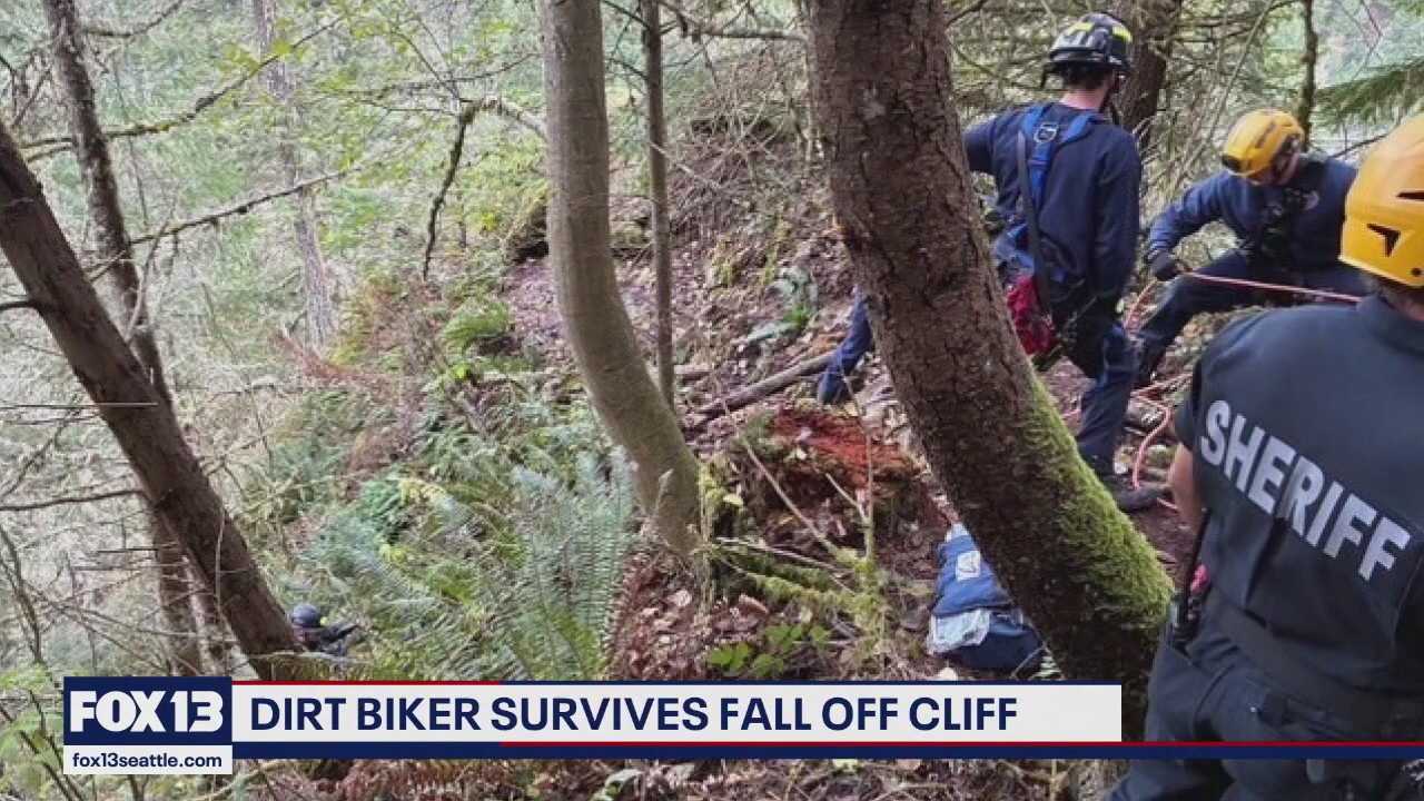 Dirt biker rescued after surviving 100-foot fall off cliff in Pierce County