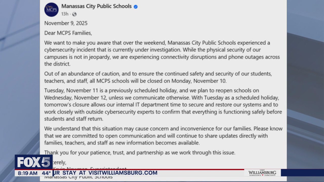 Manassas City Public Schools closed Monday following cyberattack