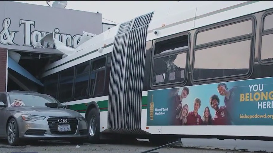AC Transit Bus plows into a business after crashing with SUV in Oakland, sending 11 people to the hospital